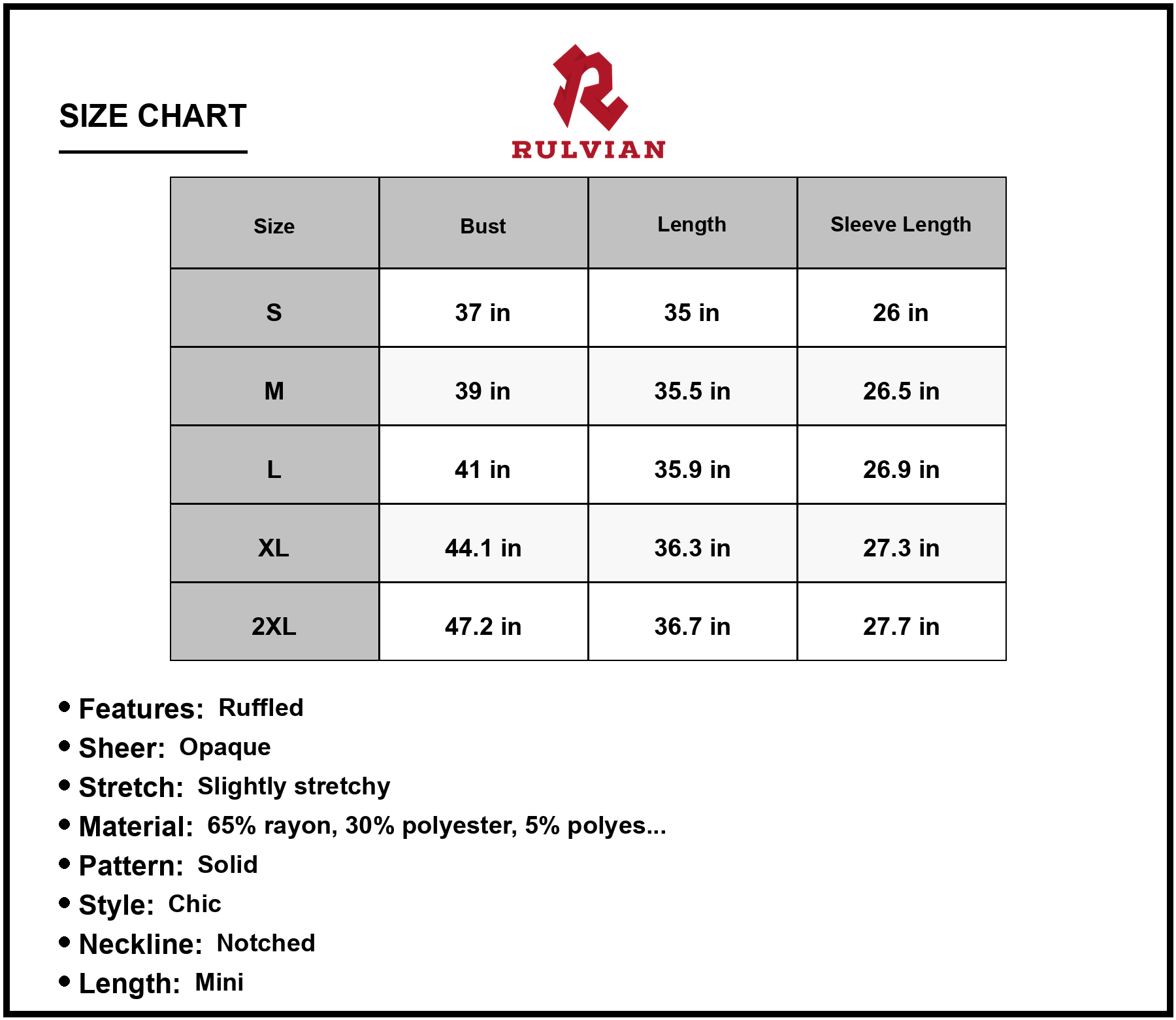 Size Chart - Women's Notched Neck Long Sleeve Mini Dress sixty five % rayon thirty % polyester five % polyester for everyday wear