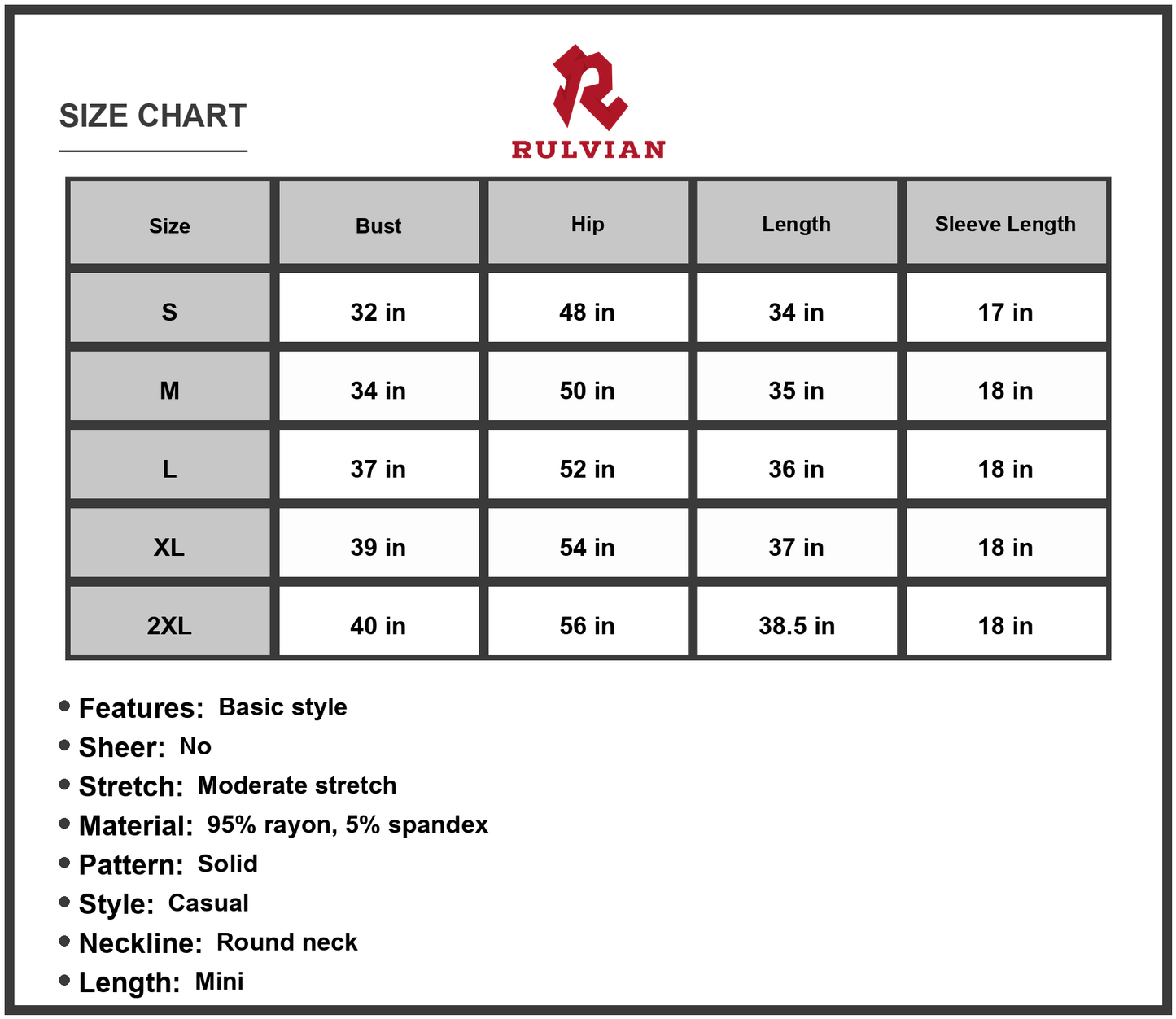 Size Chart - Women's Cold Shoulder Long Sleeve Round Neck Dress Mini Length with 95% Rayon and 5% Spandex Comfortable Stretch