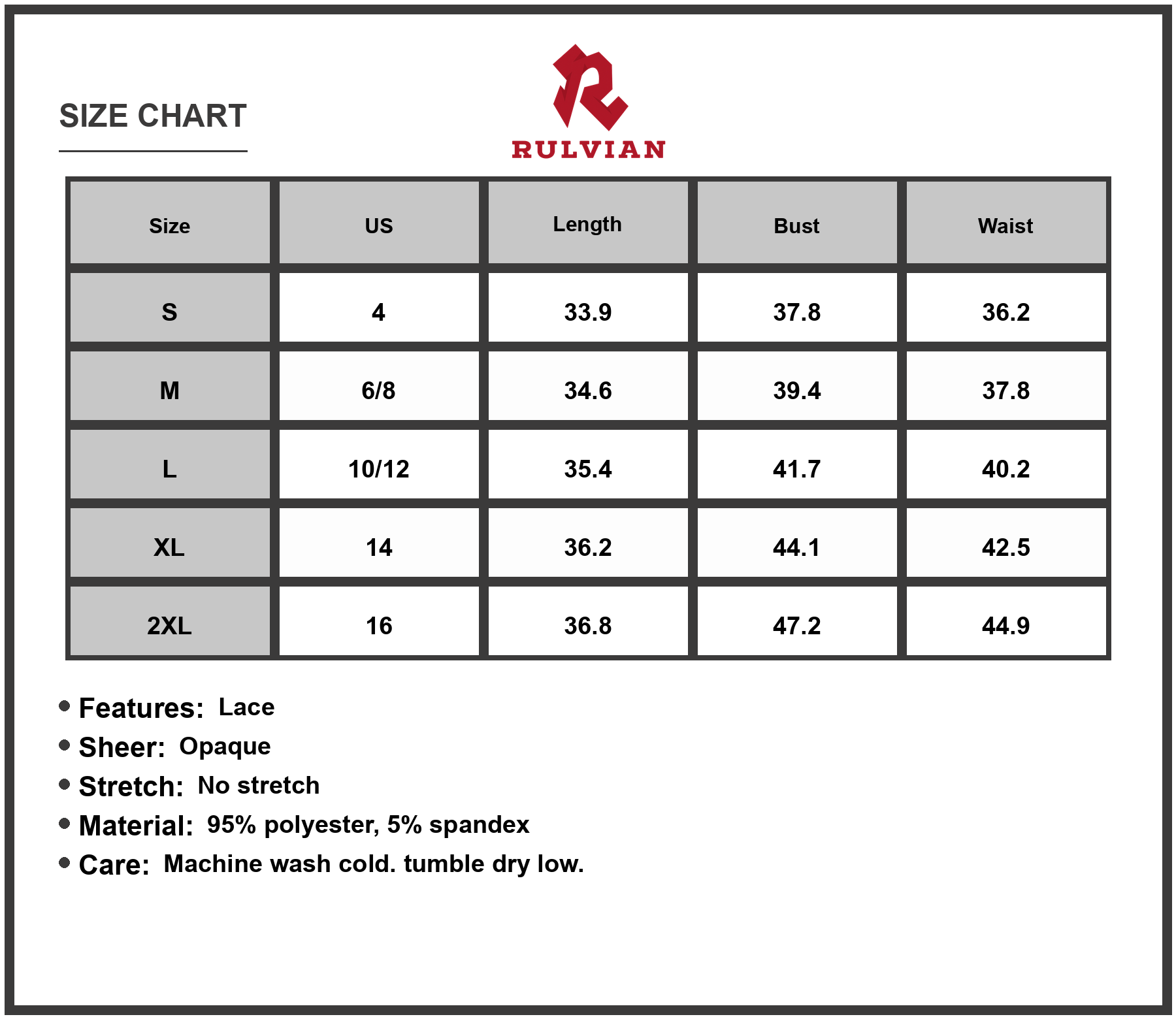 Size Chart - Women's Lace Trim Printed V Neck Three Quarter Sleeve Dress 95% Polyester 5% Spandex Comfortable Everyday Wear