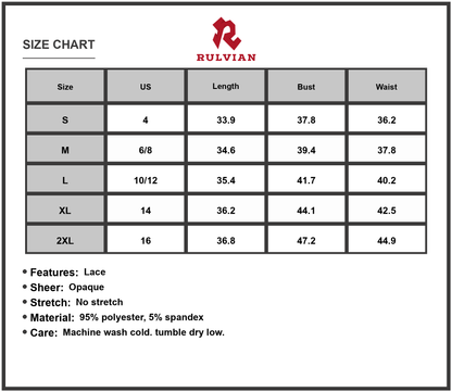 Size Chart - Women's Lace Trim Printed V Neck Three Quarter Sleeve Dress 95% Polyester 5% Spandex Comfortable Everyday Wear