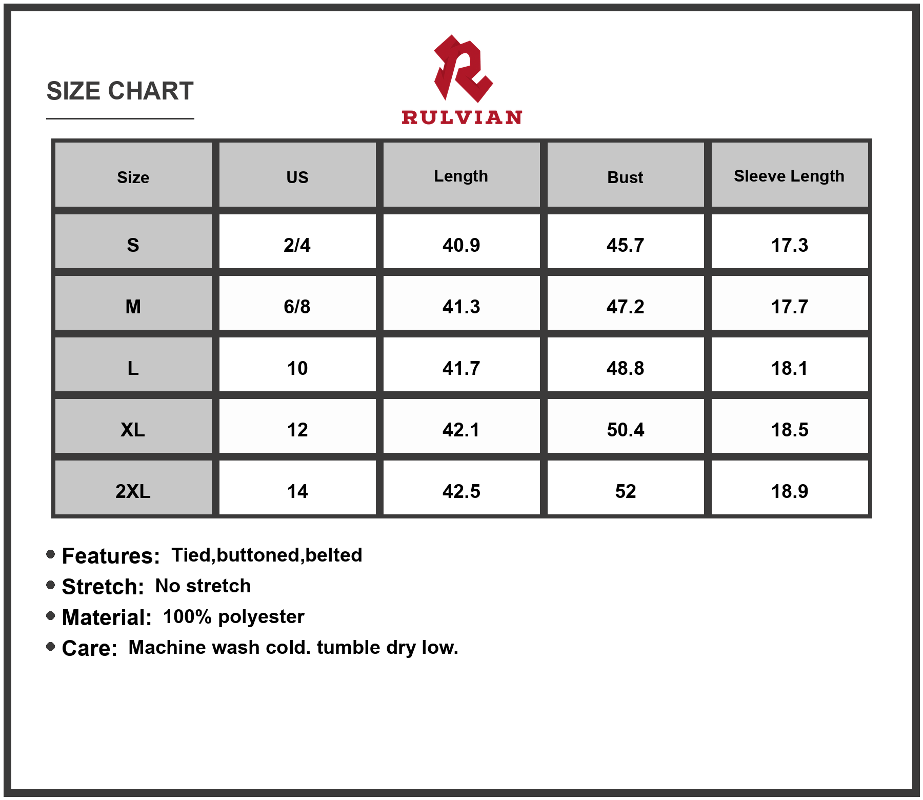 Size Chart - Women's Button Down Tie Waist Shirt Dress for Day to Night Wear 100% Polyester Fabric Easy Care Casual Everyday