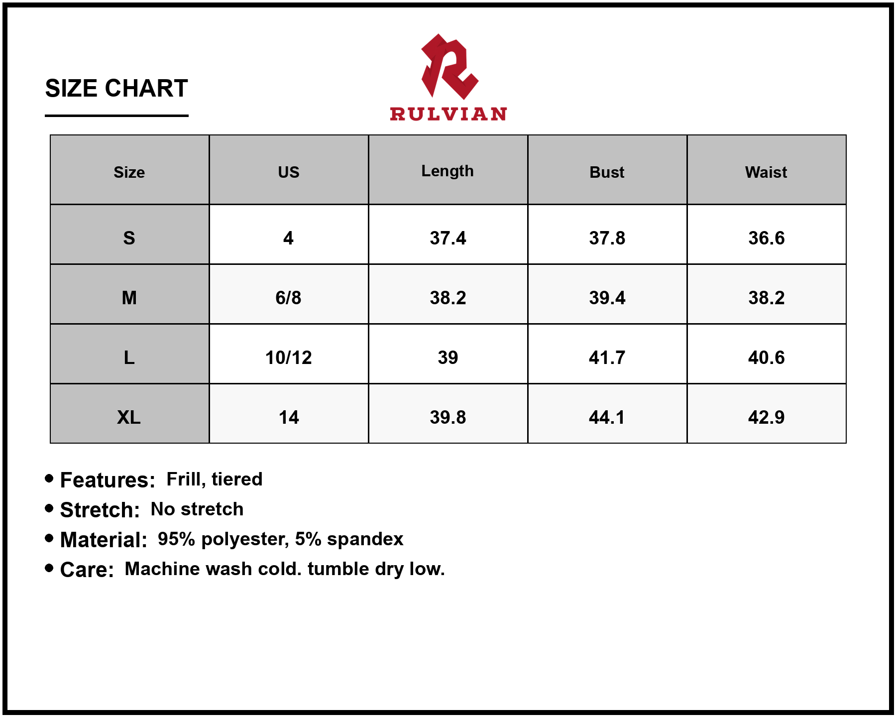 Size Chart - Women's Printed Short Sleeve Mini Dress Frill Tiered Silhouette 95% Polyester 5% Spandex Lightweight Summer Wardrobe