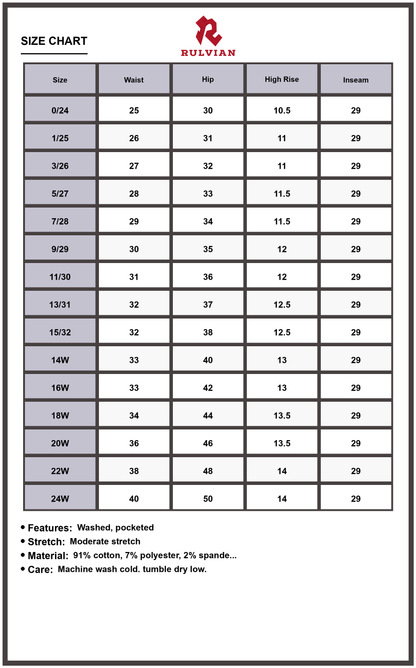 Size Chart - Women's Premium Tummy Control Skinny Jeans Vintage Wash Distressed Hem High Rise Flattering Slimming Denim Pants for Everyday Wear