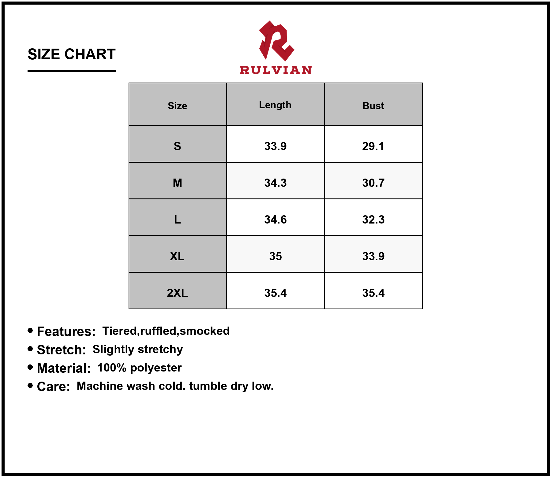 Size Chart - Women's Smocked Frill Cami Mini Dress with Tiered Ruffles and Stretch Polyester 100% Fabric for Summer Occasion