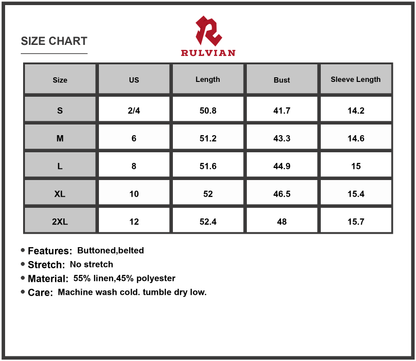 Size Chart - Women's Printed Short Sleeve Belted Maxi Dress 55% Linen 45% Polyester Lightweight Breathable Elegant Summer All Day