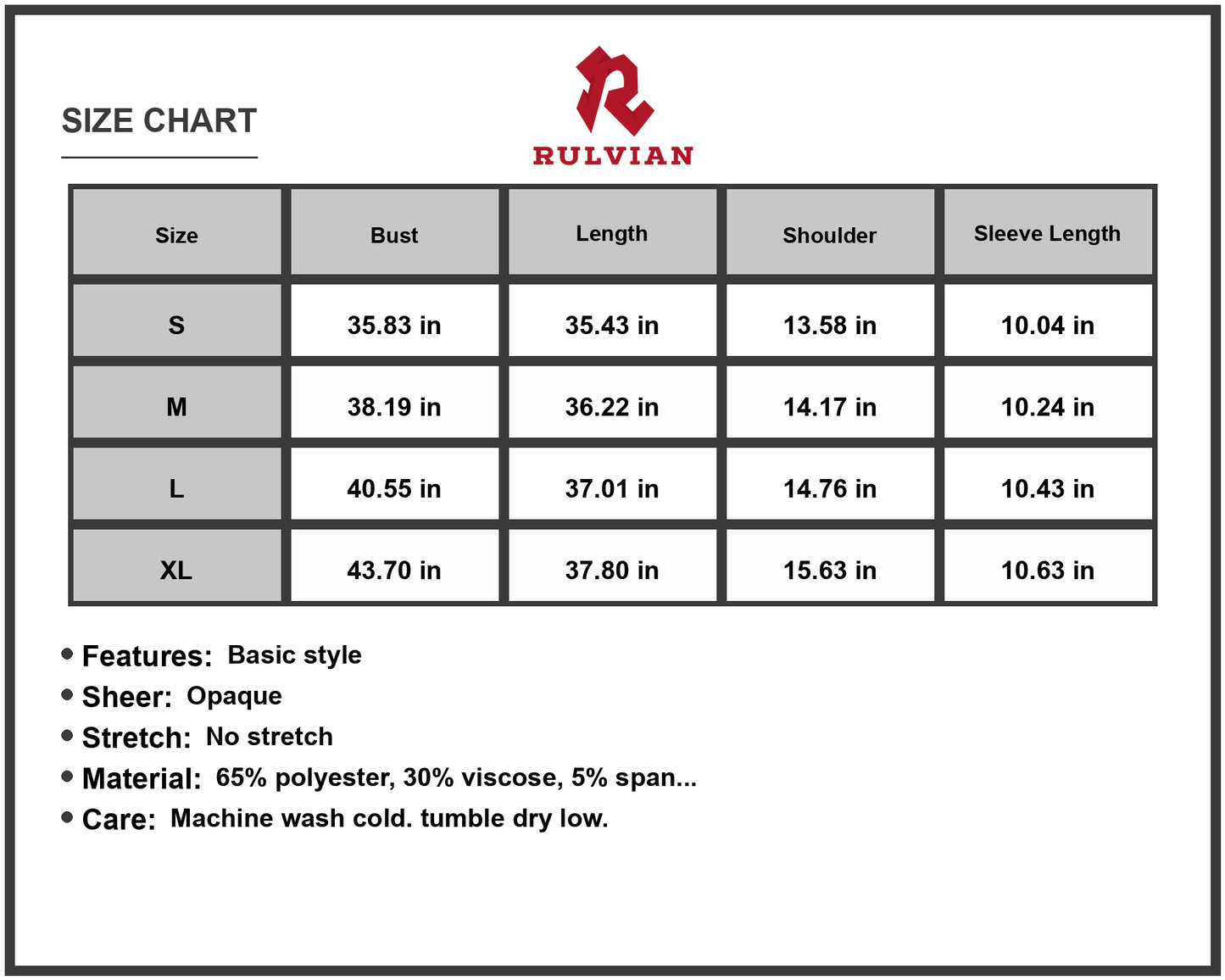 Size Chart - Women's Notched Short Sleeve Dress Feminine Everyday Style with Sixty Five Percent Polyester Sixty Percent Viscose Five Percent Spandex