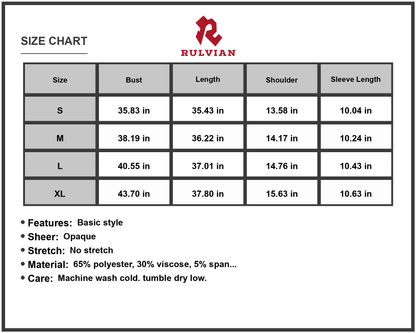 Size Chart - Women's Notched Short Sleeve Dress Feminine Everyday Style with Sixty Five Percent Polyester Sixty Percent Viscose Five Percent Spandex