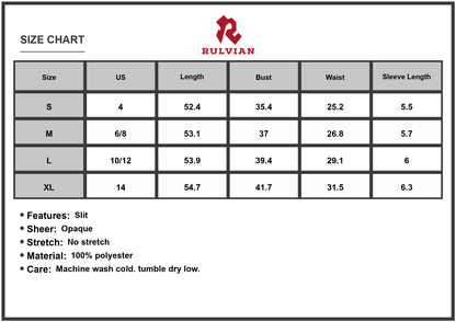 Size Chart - Women's Slit Printed V Neck Short Sleeve Dress 100% Polyester Fabric For Stylish Everyday Wear Beach Party Look