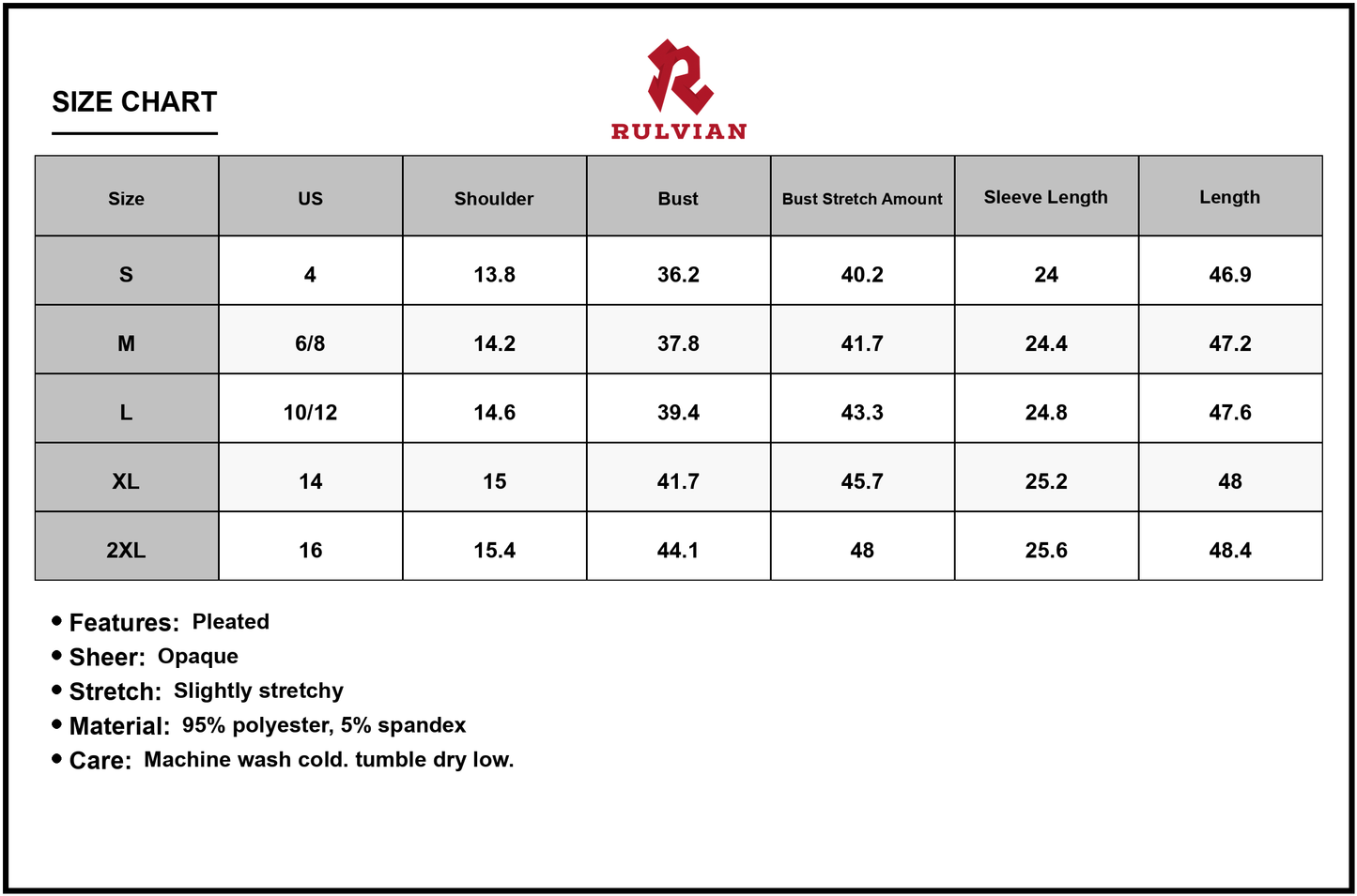 Size Chart - Women's V Neck Long Sleeve Tie Waist Midi Dress with Fabric Ninety Five Percent Polyester and Five Percent Spandex