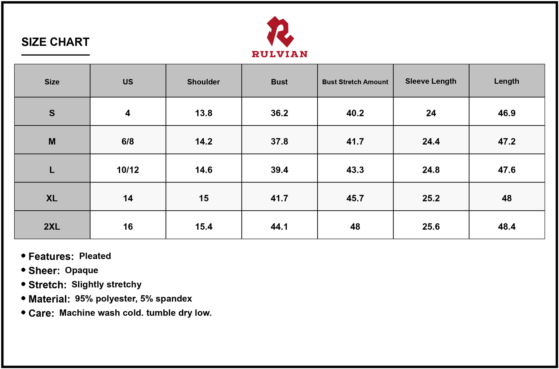 Size Chart - Women's V Neck Long Sleeve Tie Waist Midi Dress with Fabric Ninety Five Percent Polyester and Five Percent Spandex