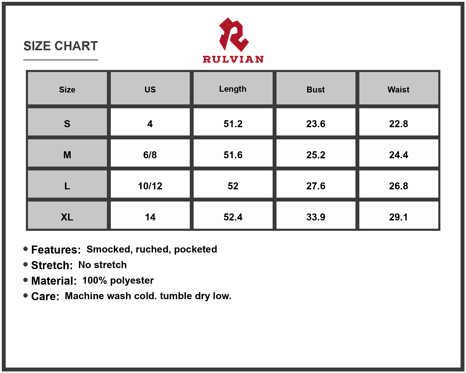 Size Chart - Women's Printed Square Neck Cami Dress with Pockets Smocked Ruched Details Lightweight Versatile 100% Polyester Fabric
