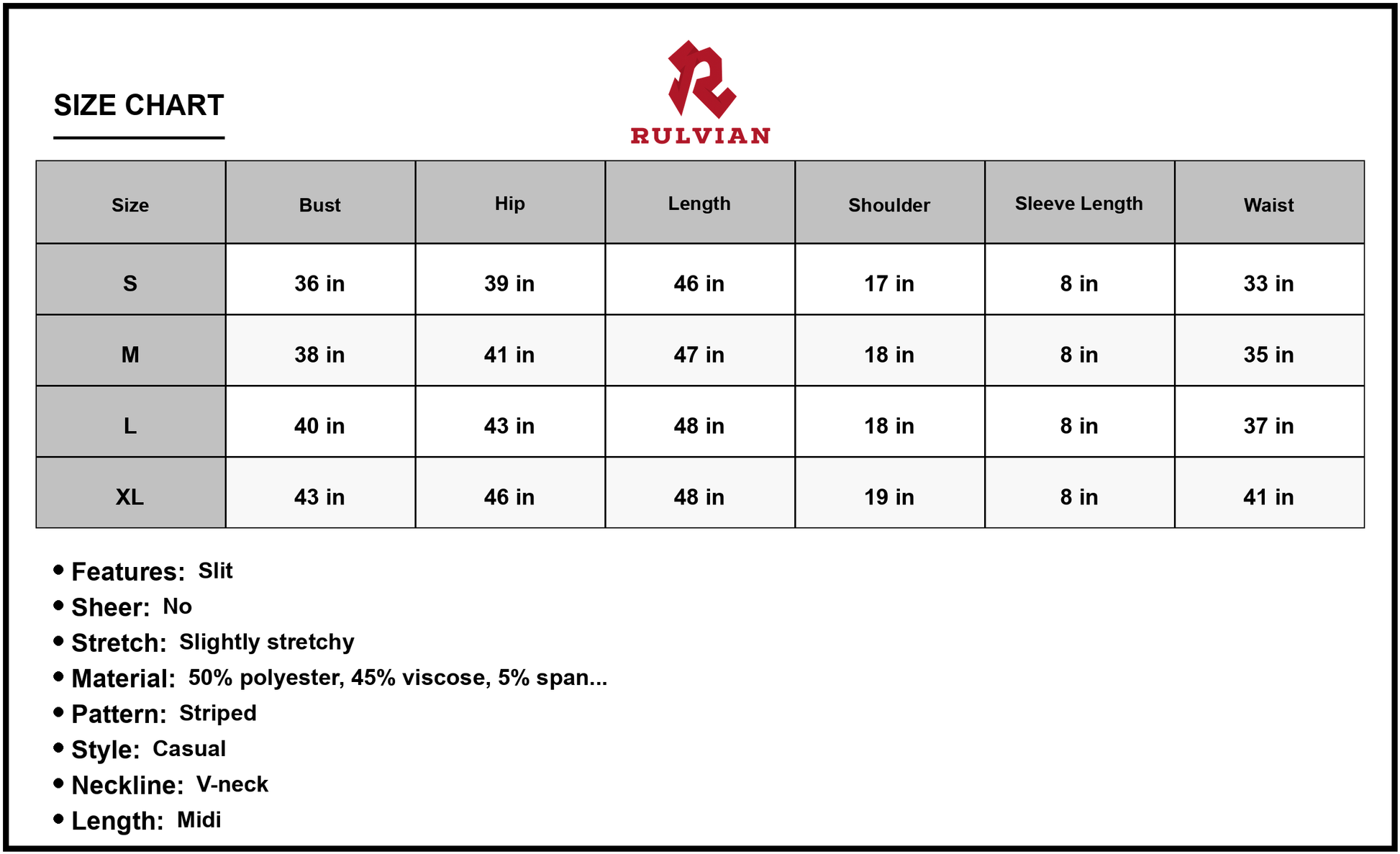 Size Chart - Women's Midi Dress with V Neck Slit Hem Blend fifty percent polyester forty five percent viscose five percent spandex
