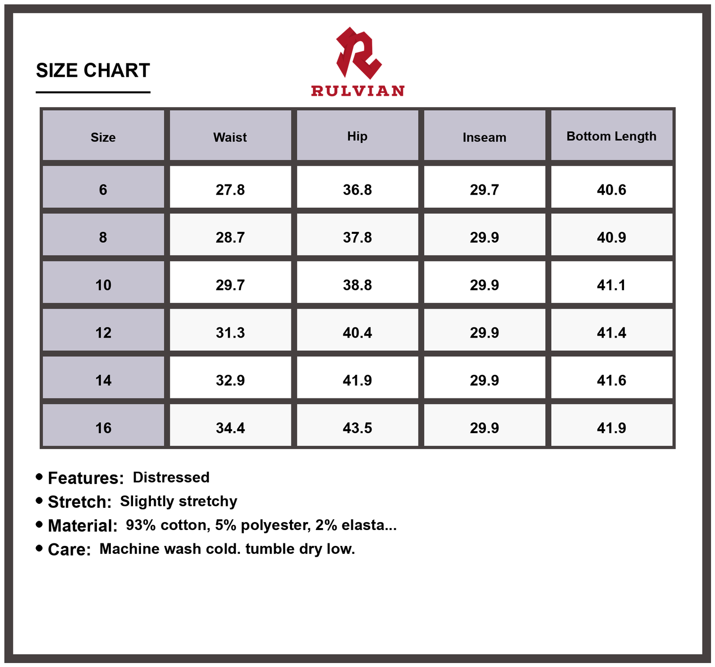 Size Chart - Women's Premium Distressed High Waist Jeans Slim Fit Durable Denim Pants for Casual Everyday Fashion Trendy Apparel Figure Flattering
