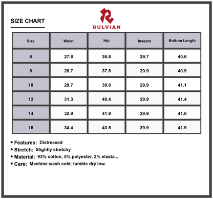 Size Chart - Women's Premium Distressed High Waist Jeans Slim Fit Durable Denim Pants for Casual Everyday Fashion Trendy Apparel Figure Flattering