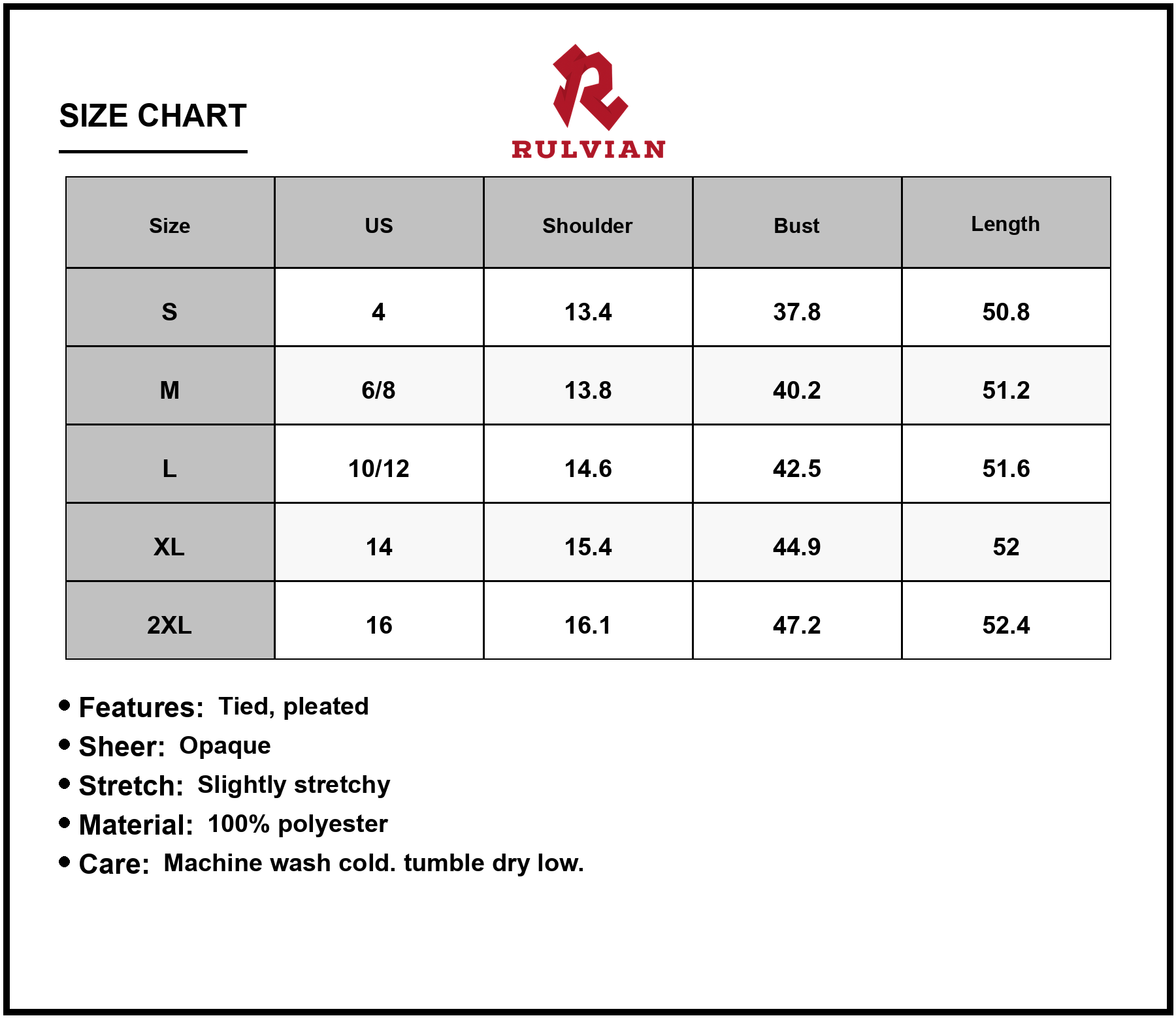 Size Chart - Women's V Neck Long Sleeve Pleated Dress with Sheer Ties 100% Polyester Fabric for Elegant Everyday Wear for any season