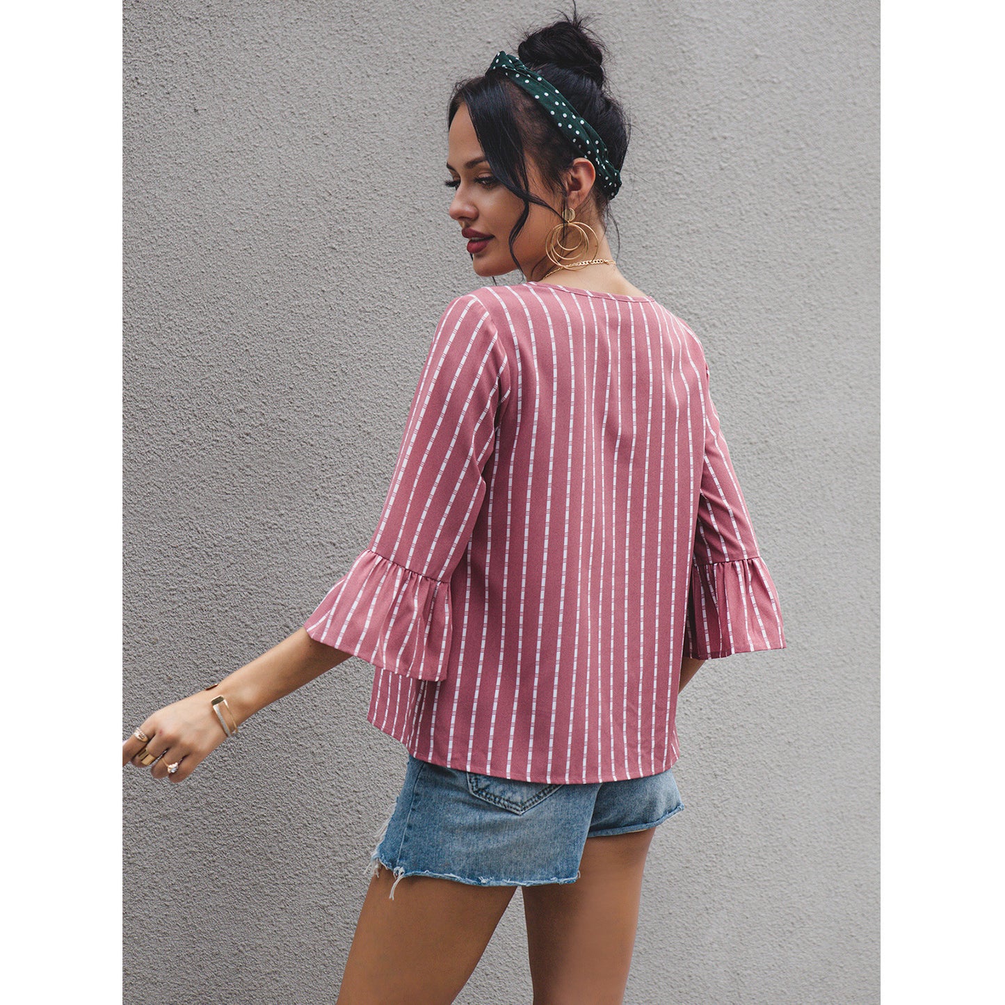 Women's V Neck Striped T Shirt Pink Short Sleeve Casual Top For Everyday Wear Lightweight Polyester % Fabric