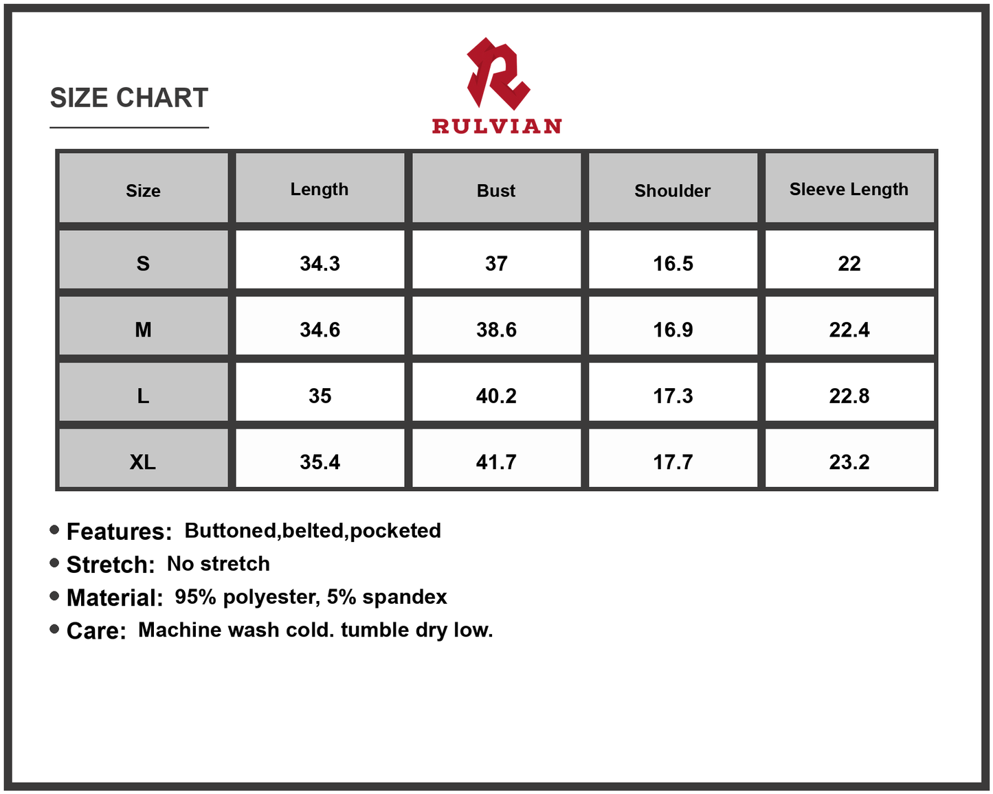 Size Chart - Women's Button Front Belt Long Sleeve Corduroy Dress with Pockets and Classic Belted Look Everyday Wear