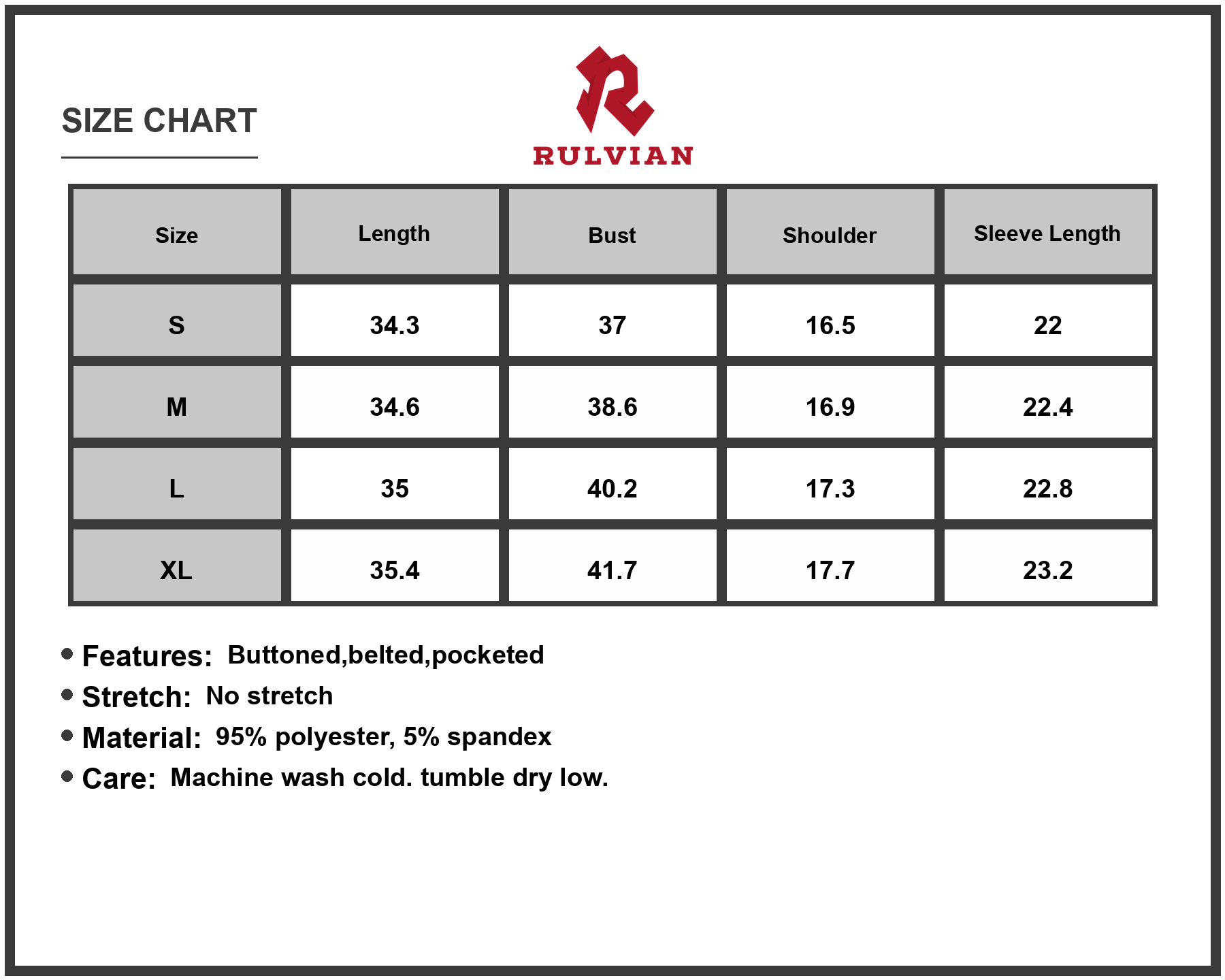 Size Chart - Women's Button Front Belt Long Sleeve Corduroy Dress with Pockets and Classic Belted Look Everyday Wear