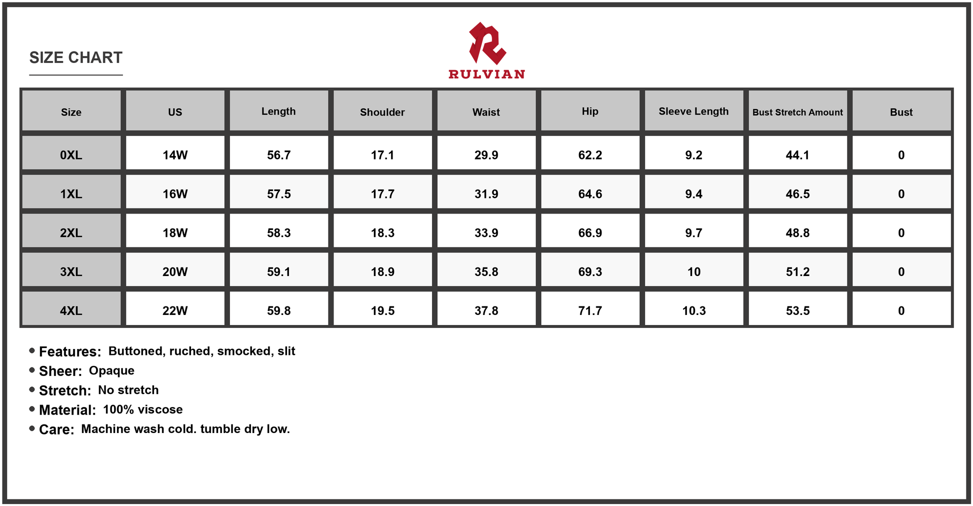Size Chart - Women's Plus Size Button Detail V Neck Short Sleeve Maxi Dress with Ruched Bodice and Slit 100% Viscose soft drape