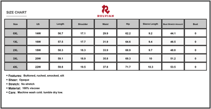 Size Chart - Women's Plus Size Button Detail V Neck Short Sleeve Maxi Dress with Ruched Bodice and Slit 100% Viscose soft drape