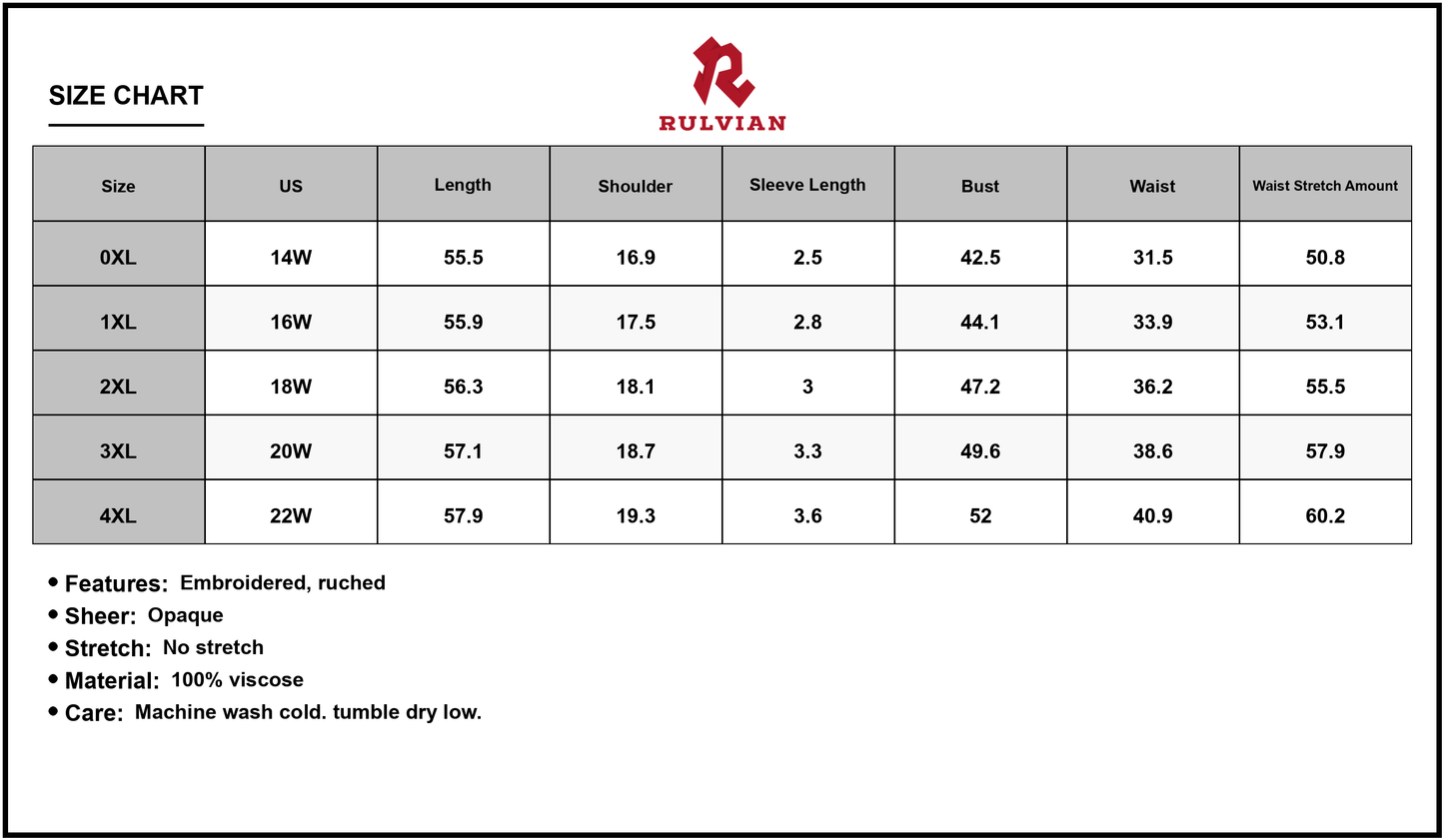 Size Chart - Women's Plus Size Embroidered Floral V Neck Cap Sleeve Maxi Dress with Ruched Sheer Bodice 100% viscose fabric