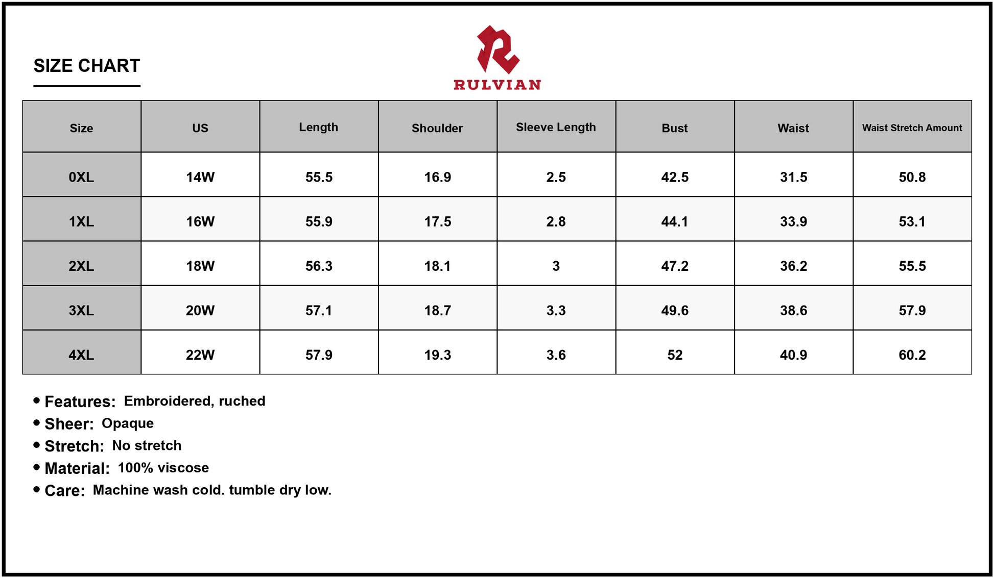 Size Chart - Women's Plus Size Embroidered Floral V Neck Cap Sleeve Maxi Dress with Ruched Sheer Bodice 100% viscose fabric