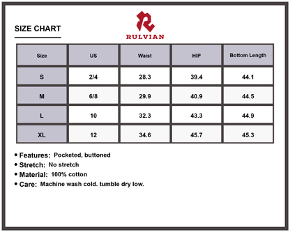 Size Chart - Women's Wide Leg Raw Hem Jeans High Waisted with Functional Pockets Button Closure Premium Durable Denim Casual Everyday Full Length