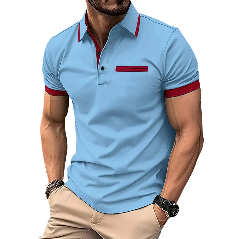 Men's Polo Shirt With Faux Chest Pocket And Lapel Button Short Sleeve Color Matching Polyester Blend Tee