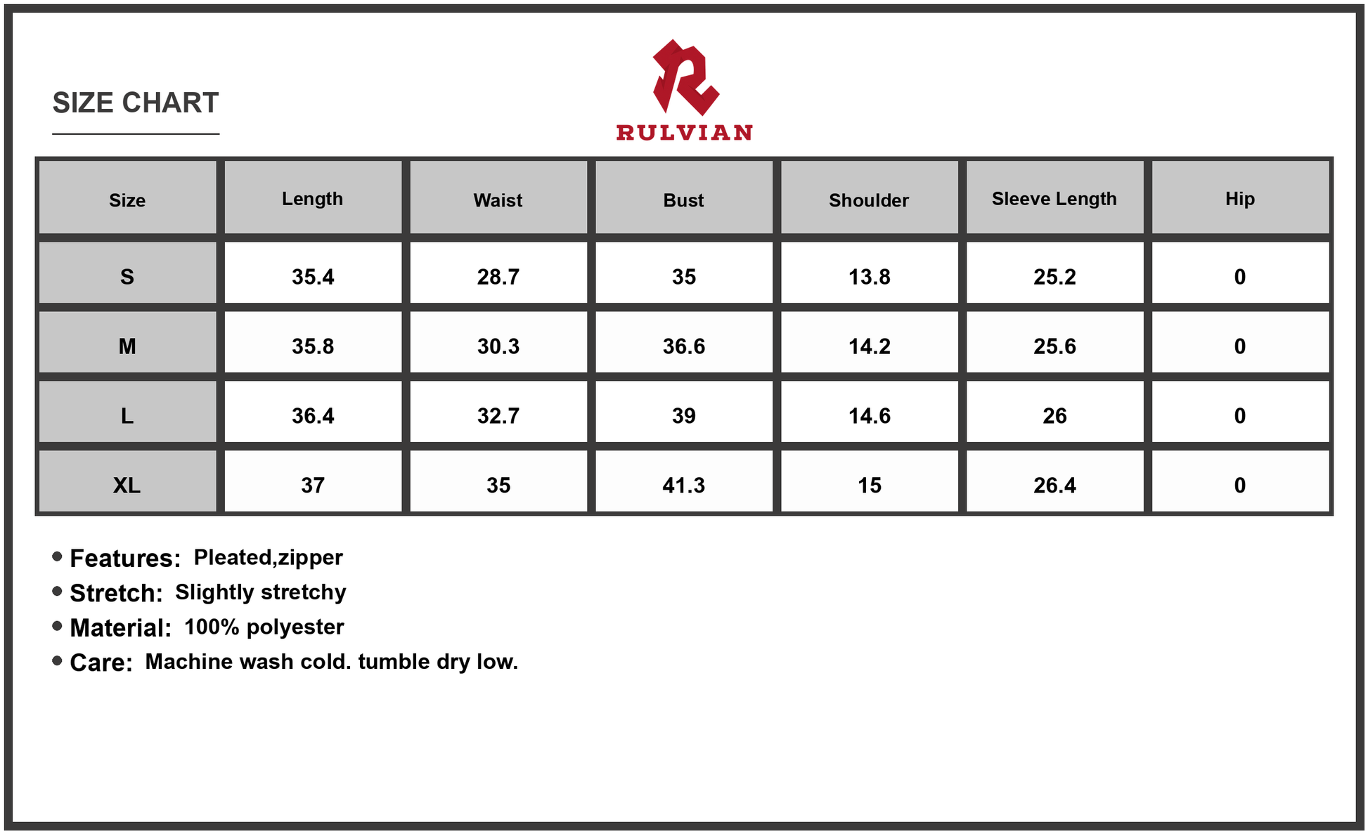 Size Chart - Women's Pleated Long Sleeve V Neck Dress 100% Polyester Fabric with Stretch Zipper Front for Day to Night Wear