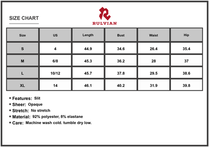 Size Chart - Womens Slit Ruched Maxi Cami Dress Ninety Two Percent Polyester And Eight Percent Elastane Blend For Elegant Evening