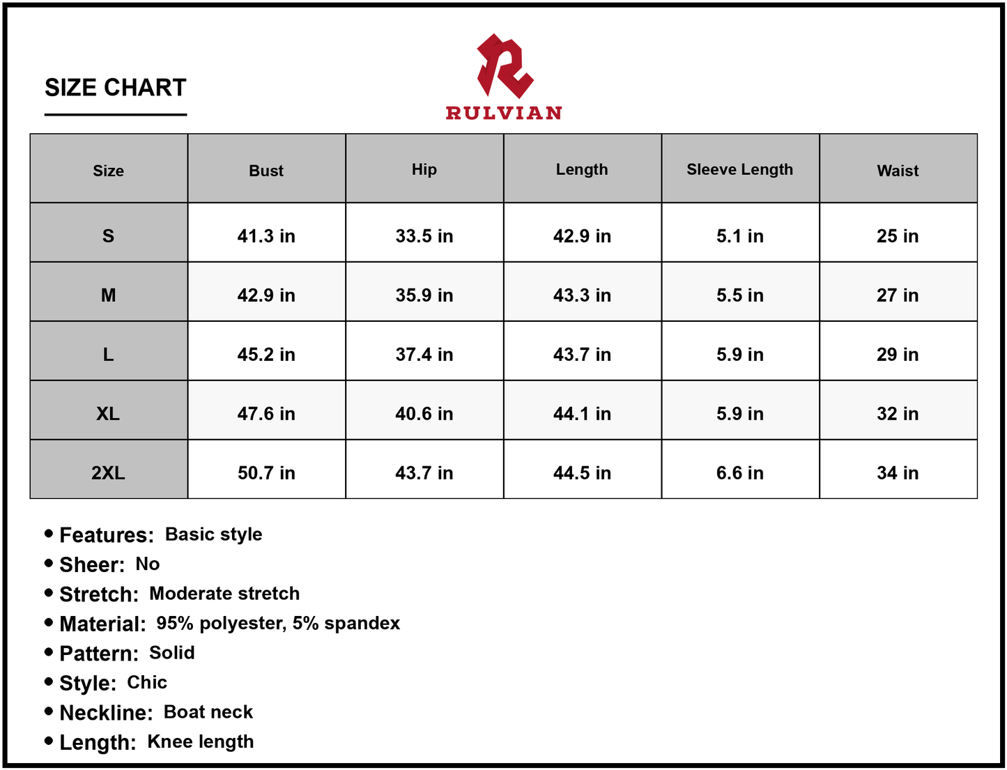 Size Chart - Men's Boat Neck Short Sleeve Knee Length Dress in Solid Chic Style 95% Polyester 5% Spandex for Everyday Wear