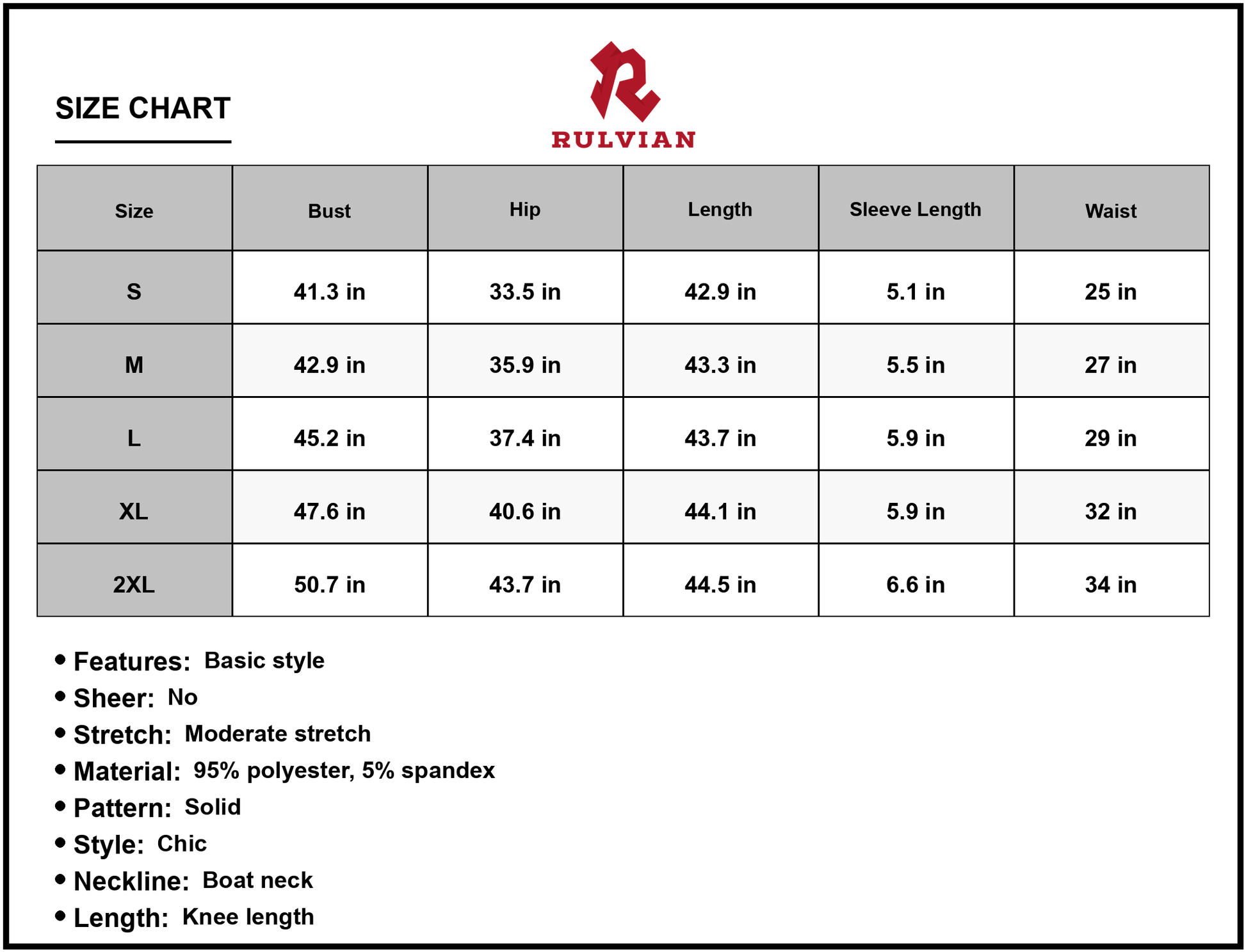 Size Chart - Men's Boat Neck Short Sleeve Knee Length Dress in Solid Chic Style 95% Polyester 5% Spandex for Everyday Wear