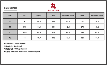 Size Chart - Women's V Neck Wide Strap Midi Cami Dress with Tied Ruched Look 100% Polyester Lightweight Easy Care Everyday Wear