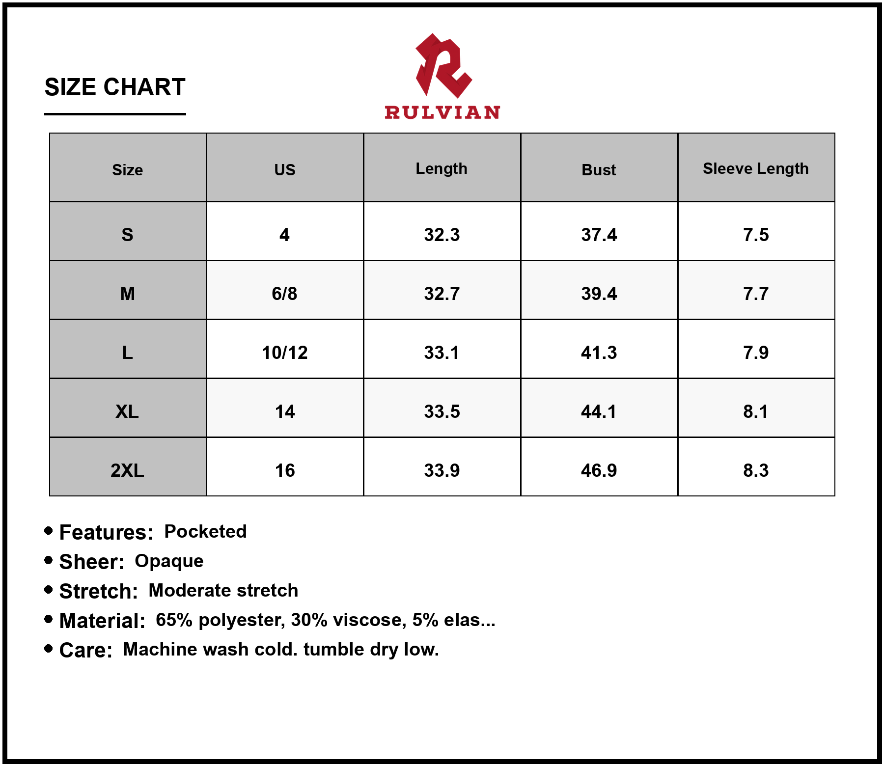 Size Chart - Women's Square Neck Short Sleeve Mini Dress with Pockets Sheer Overlay and Stretch 65% Polyester 30% Viscose 5% Elastane