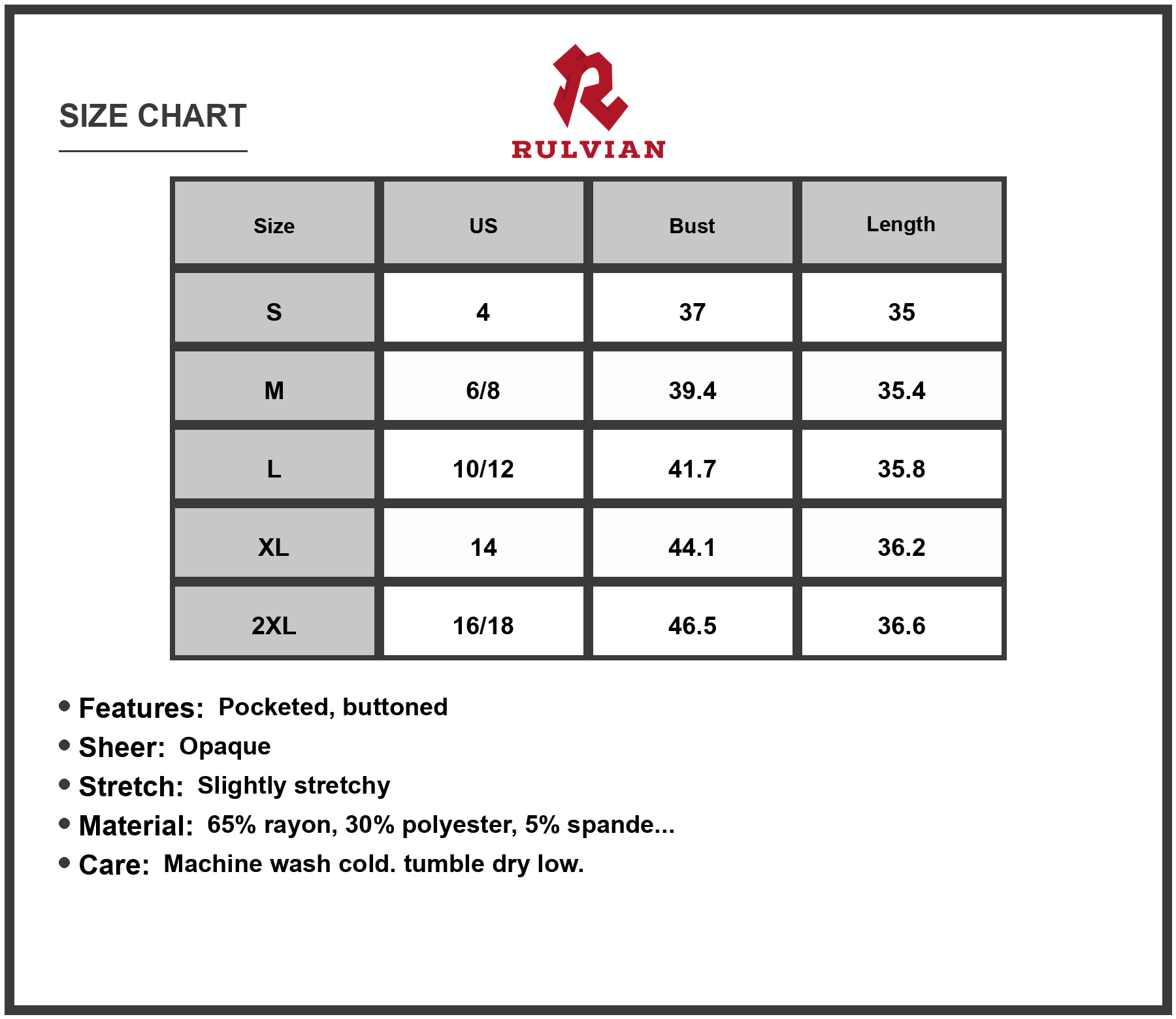 Size Chart - Women's Buttoned Wide Strap Mini Dress with Pockets and Sheer Overlay Soft 65% rayon 30% polyester 5% spandex