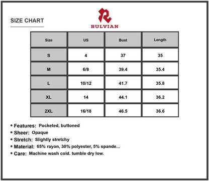 Size Chart - Women's Buttoned Wide Strap Mini Dress with Pockets and Sheer Overlay Soft 65% rayon 30% polyester 5% spandex