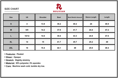 Size Chart - Women's V Neck Long Sleeve Tie Waist Midi Dress with Fabric Ninety Five Percent Polyester and Five Percent Spandex