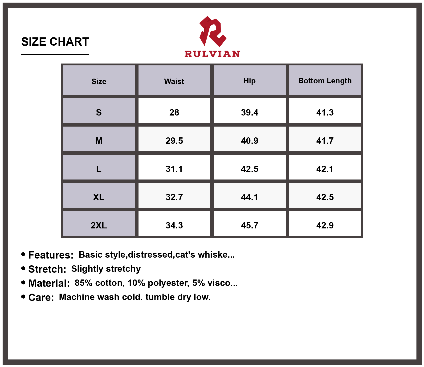 Size Chart - Men's Vintage Washed Relaxed Fit Distressed Premium Jeans High Quality Everyday Casual Wear Durable Versatile Apparel