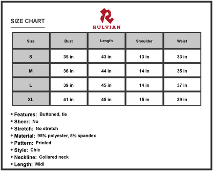 Size Chart - Women's Printed Button Front Tie-Waist Sleeveless Collared Dress 95% Polyester 5% Spandex Midi A-Line for Everyday Wear