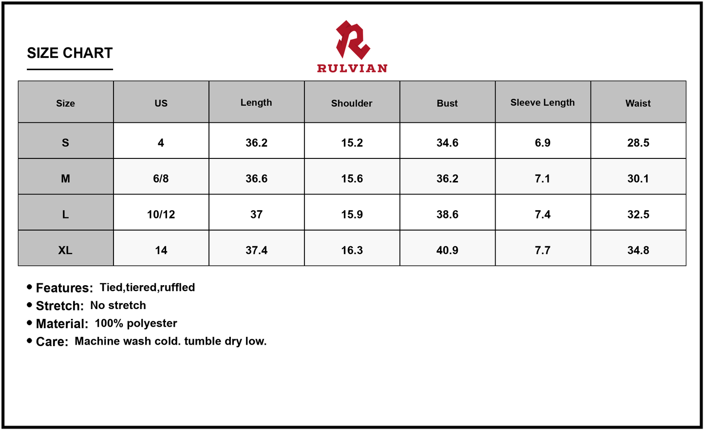 Size Chart - Women's Printed Surplice Layered Mini Dress with Ties and Ruffles Tiered Design 100% Polyester Fabric for Everyday Wear