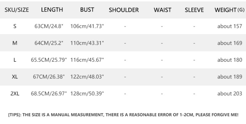 Size Chart - Round Neck Short Sleeve T-shirt