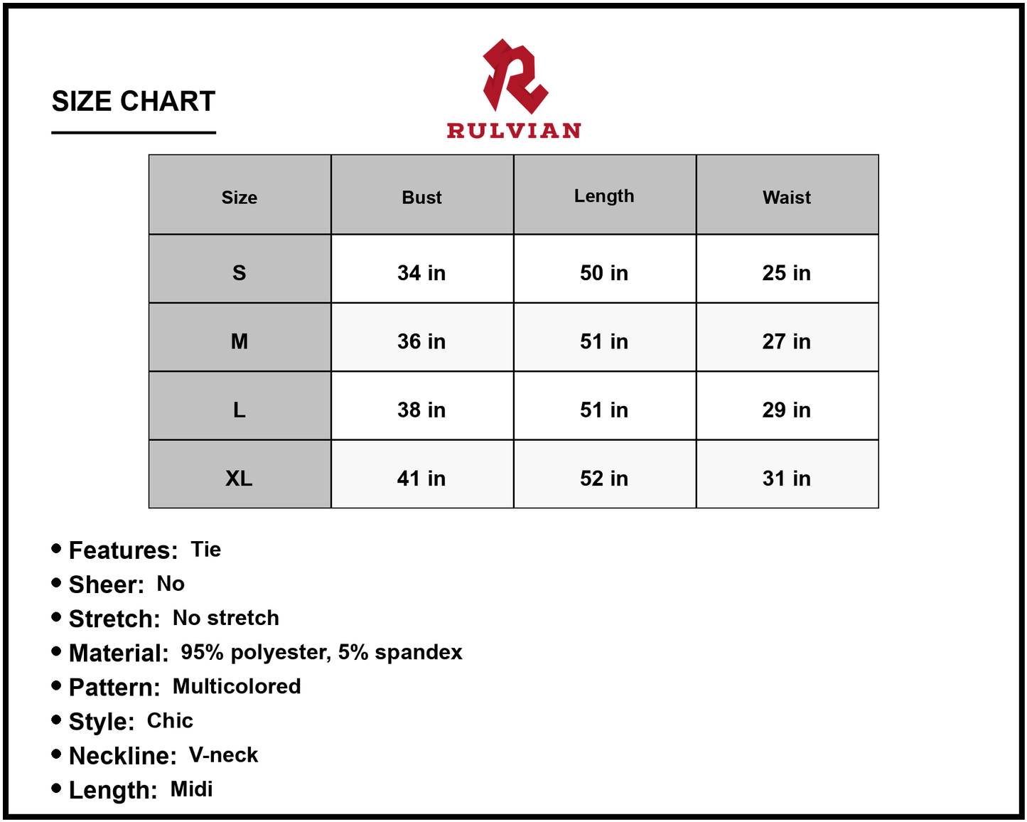 Size Chart - Women's Colorful V Neck Backless Midi Dress with Tie Neckline and A Line Hem for Events 95% polyester 5% spandex