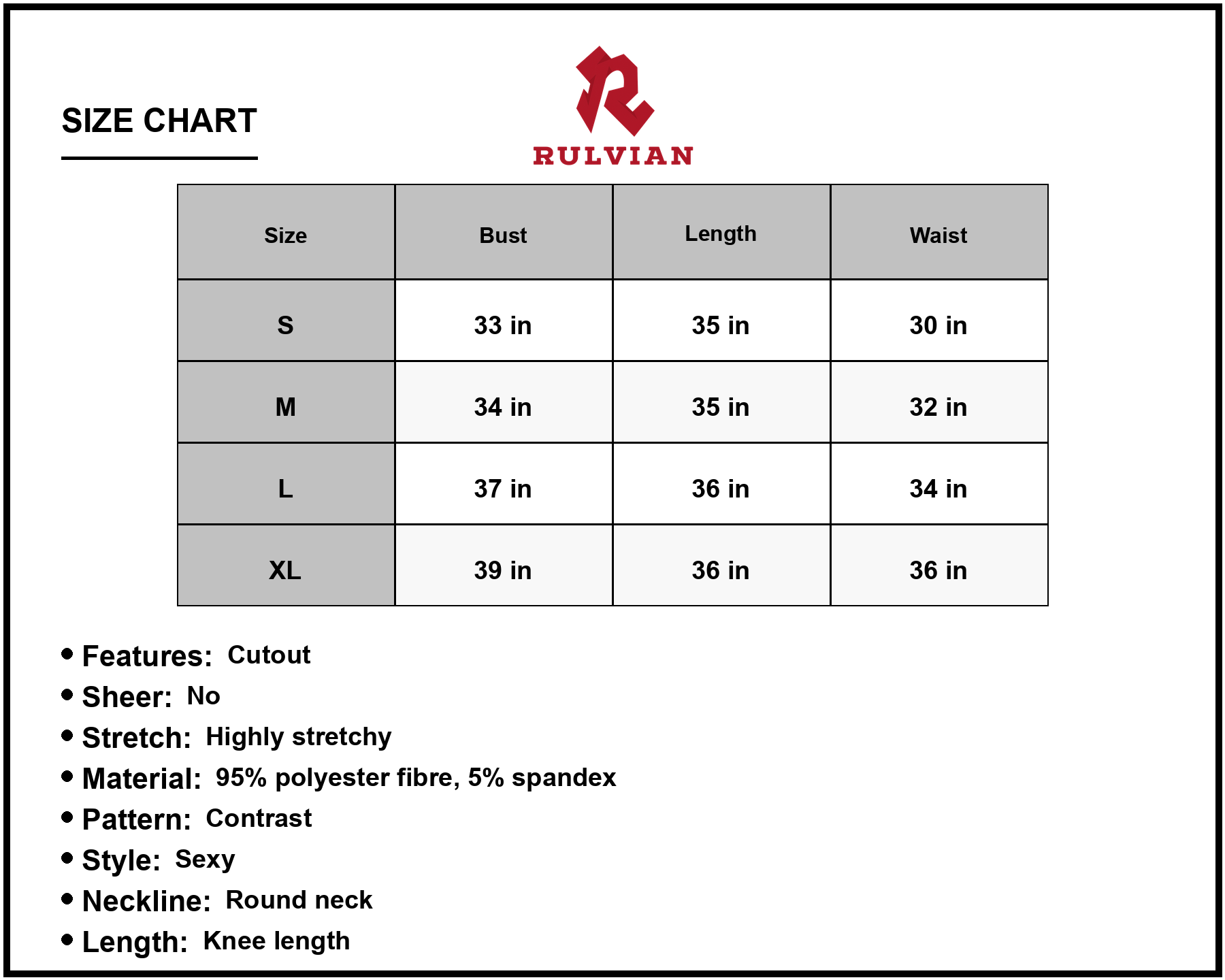 Size Chart - Women's Leopard Color Block Cutout Sleeveless Knee Length Dress with Round Neck Sexy Pencil Hem Bodycon Silhouette
