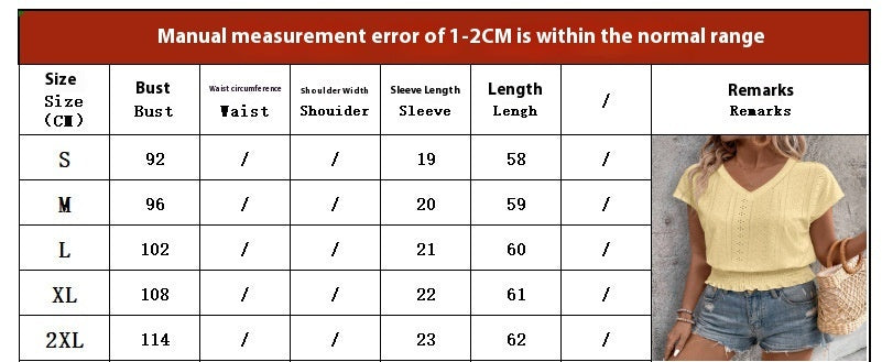 Size Chart - V-neck Hollow-out Smocking Short-sleeved T-shirt Casual Top