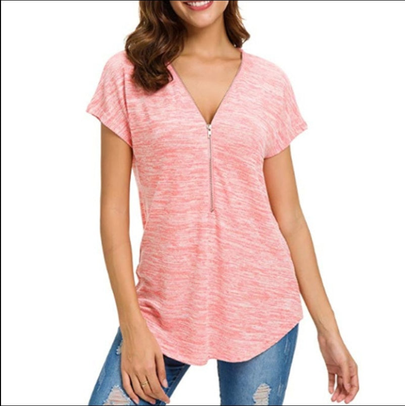 Men's Casual Loose Fit Short Sleeve V Neck Cotton Shirt With Zipper Stitching Front Detail For Everyday Wear