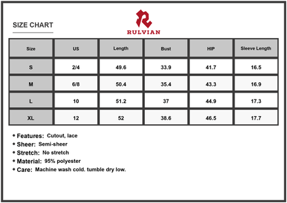 Size Chart - Women's Lace Cutout Surplice Half Sleeve Dress with Sheer Bodice and Lined Skirt 95% Polyester Fabric Casual Wear