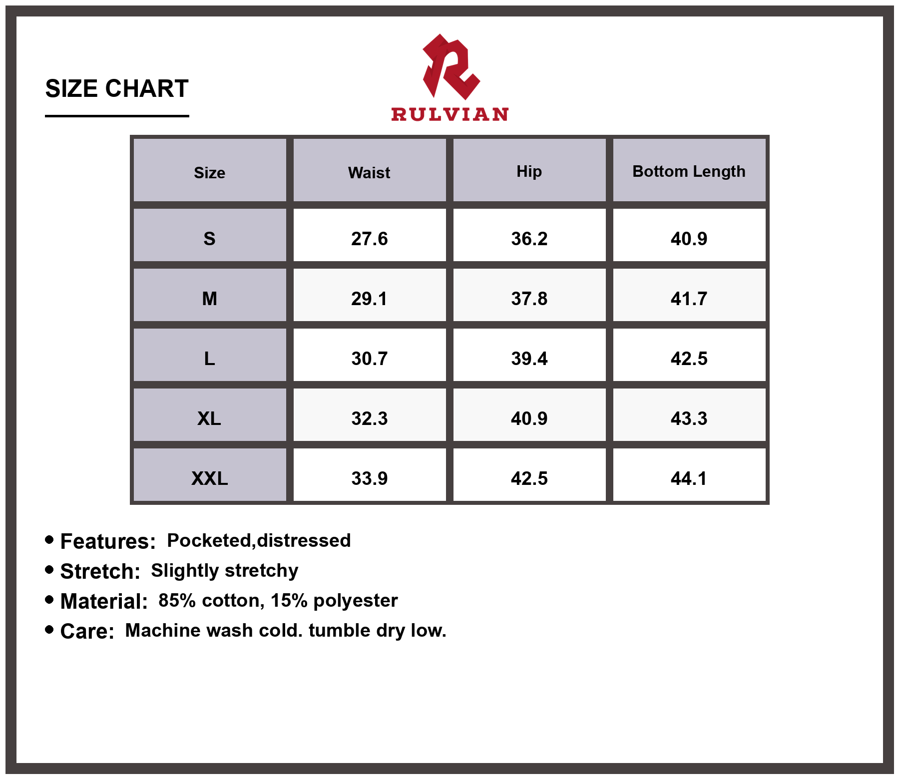 Size Chart - Men's Distressed Straight Leg Jeans Pocketed Slightly Stretchy Premium Durable Denim Pants Versatile Casual Everyday Wear