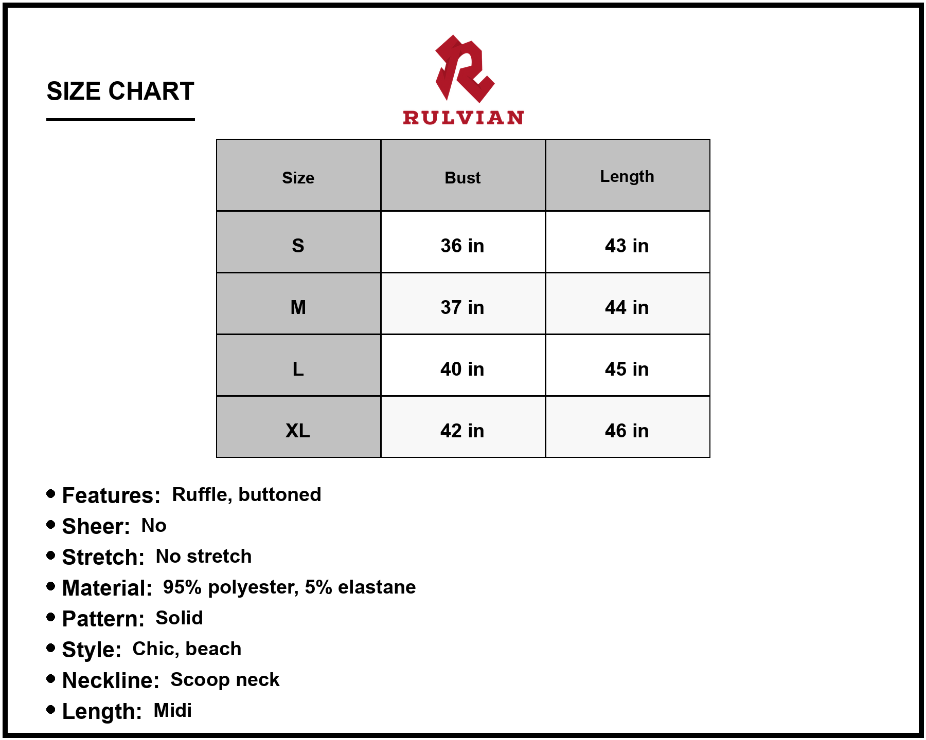 Size Chart - Women's Tiered Sleeveless Dress with Scoop Neck and Button Details Midi Beach Chic 95% polyester 5% elastane