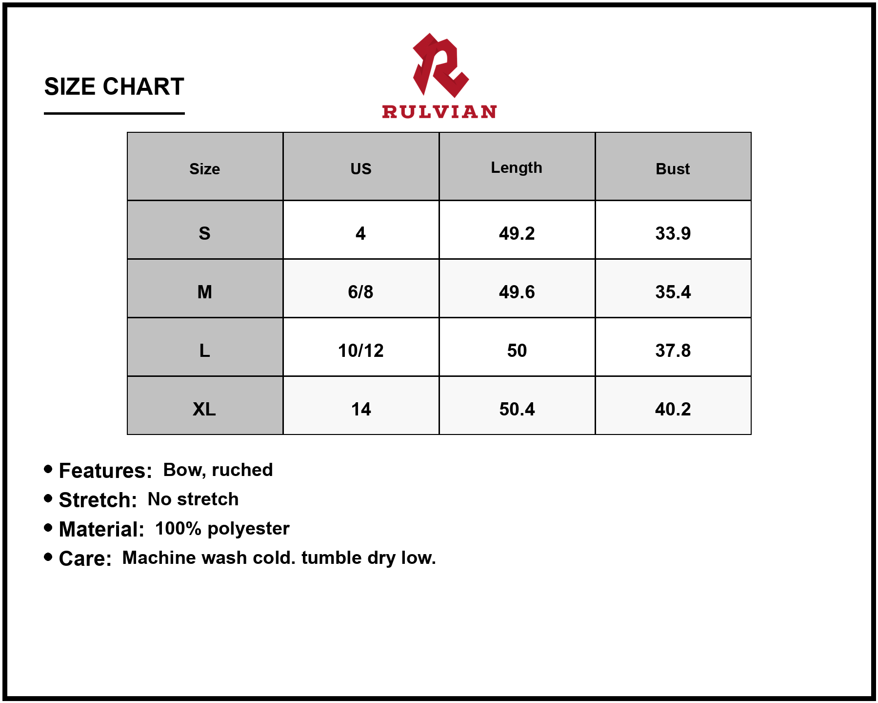 Size Chart - Women's Textured V Neck Tie Shoulder Dress with Bow Accent Ruched Silhouette Made of 100% Polyester Easy Care Washable