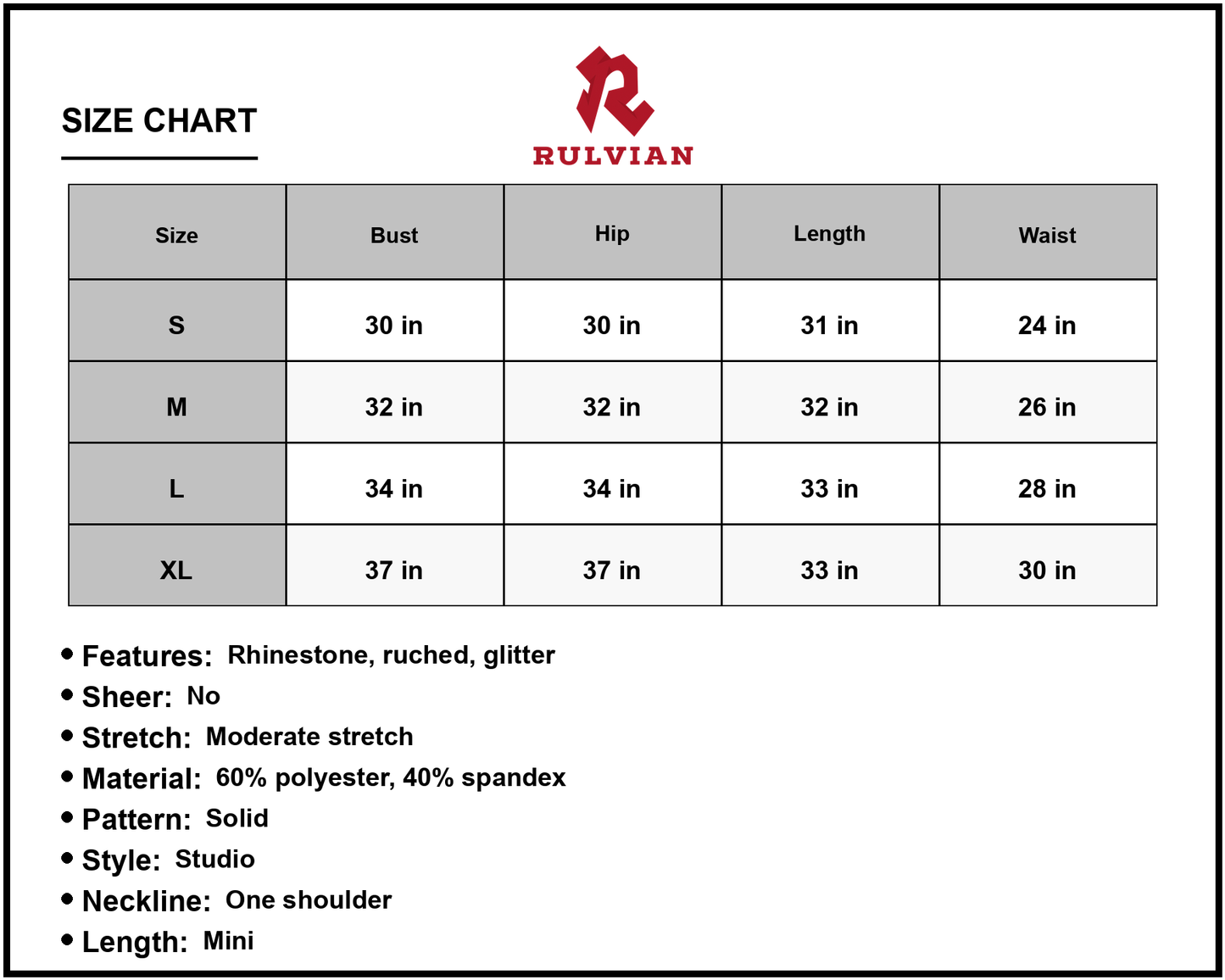 Size Chart - Women's Glitter Rhinestone Chain Detail Ruched One Shoulder Dress sixty percent polyester and forty percent spandex